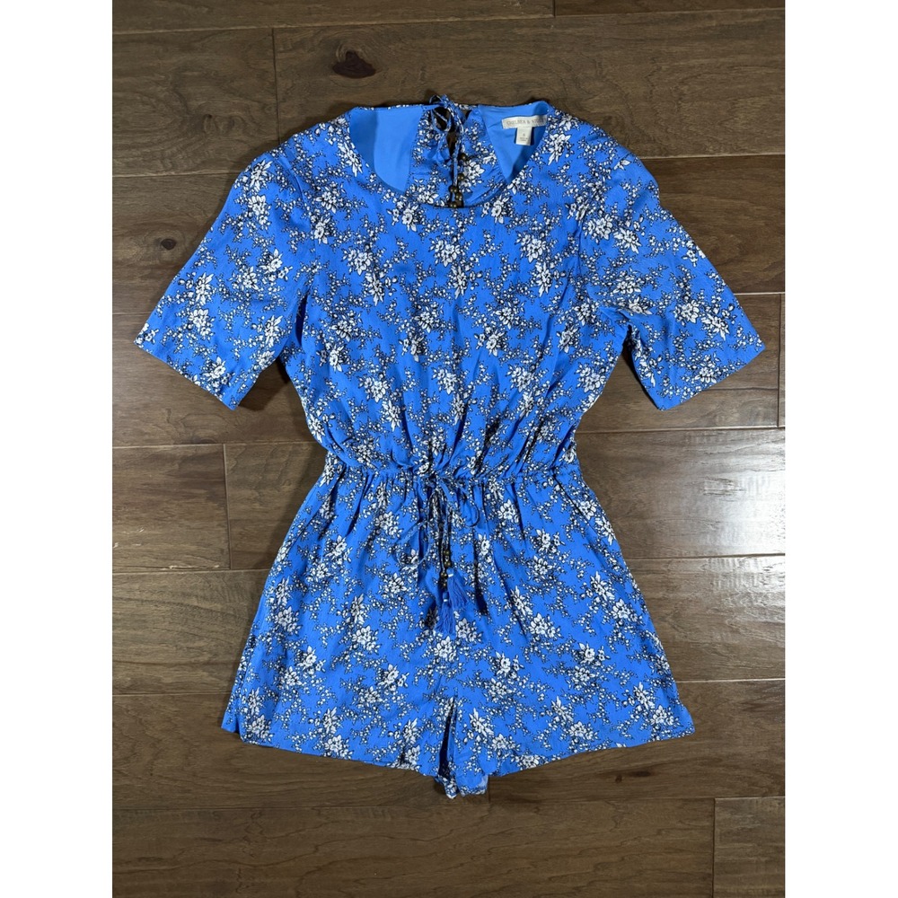 Chelsea & Violet Royal Blue Floral Open Back Tassel Romper Womens Size Small